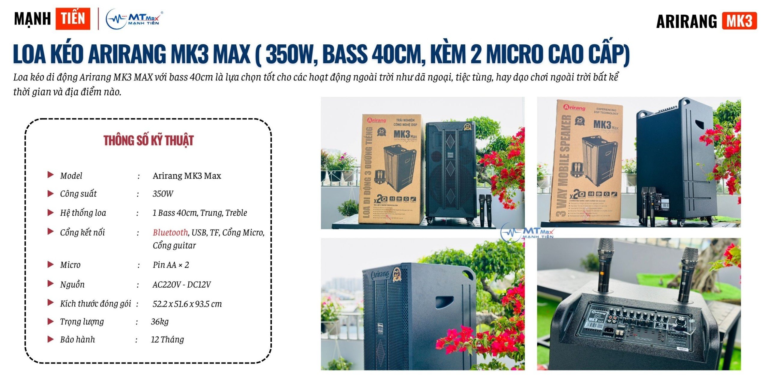 Loa Di Động Arirang MK3 Max 3 Đường Tiếng Công Suất 350W, Bass 40 Kèm 2 Micro Cao Cấp hàng chính hãng