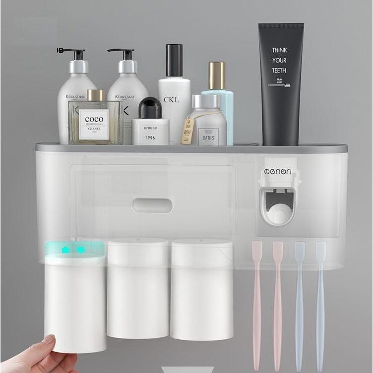 Kệ Để Đồ Phòng Tắm Nhả Kem Tự Động Tặng Kèm Cốc, Bộ Nhả Kem Tự Động OENON 3 Cốc Đa Năng Dán Tường