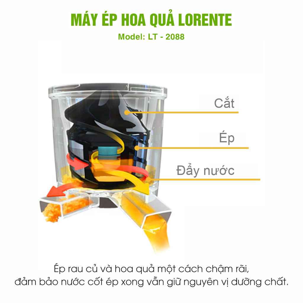 Máy Ép Chậm Lorente-Máy Ép Hoa Quả Lorente LT-2088, công suất 300W, ép nguyên chất kiệt nước-Hàng Chính Hãng