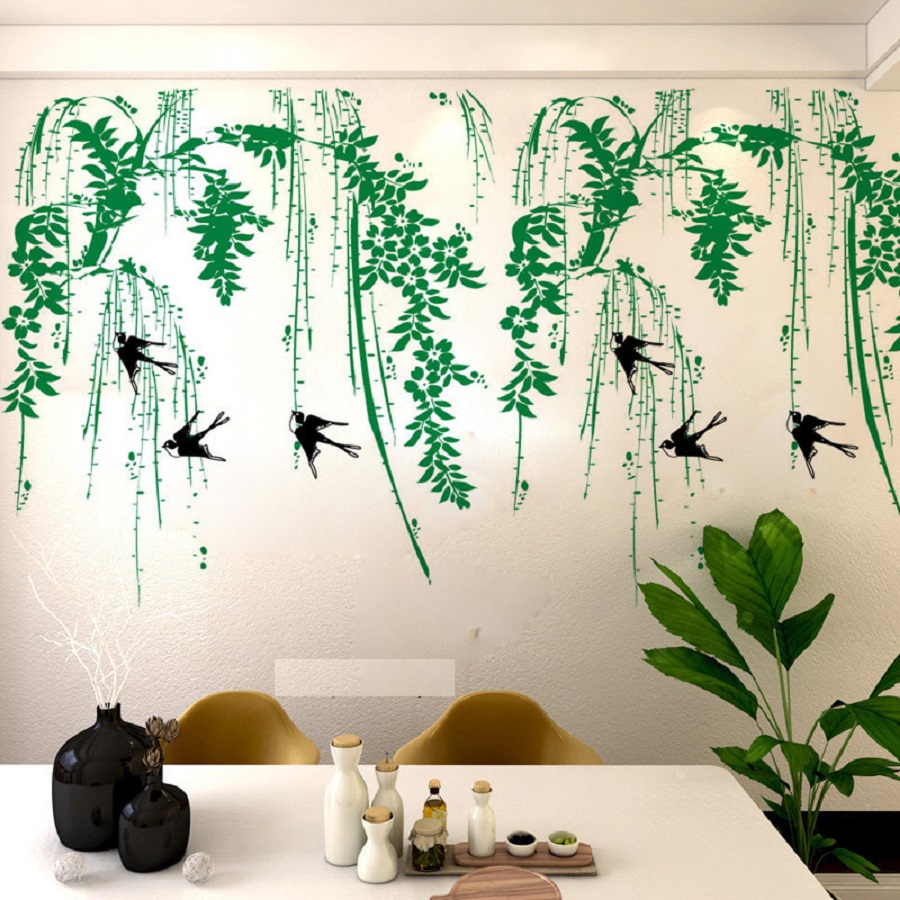 Decal dán tường phong cảnh thiên nhiên xanh mát liễu rũ chim én