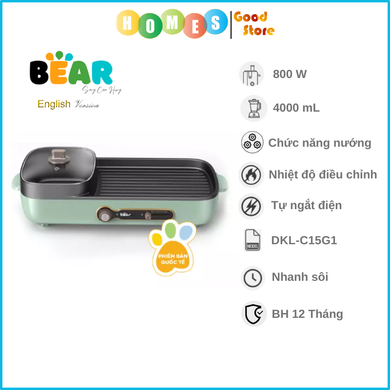 Nồi Điện Đa Năng, Bếp Nướng Điện Không Khói BEAR DKL-E12D2 Dung Tích 2L, Công Suất 1200 W - Hàng Chính Hãng