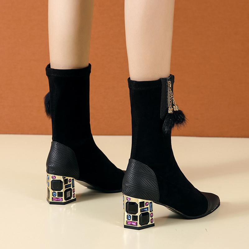 Pointed Toe Short ANKLE Boots Women 2021 New Occident Sexy Stovepipe Suede Stretch Women's Boots Rhinestone High Heel Boots