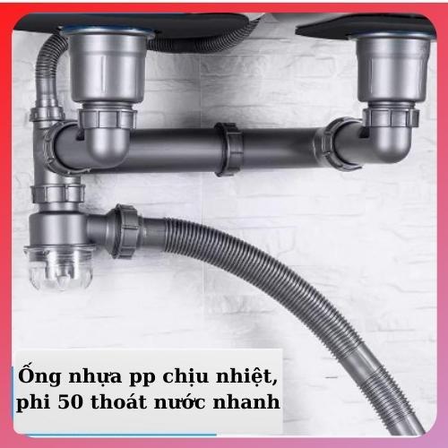 Bộ Xiphong Chậu Rửa Chén Bát Giành Cho Chậu Inox 2 hố, Phi 50 Thoát Nước Nhanh, Ngăn Mùi, Chịu Nhiệt Có 1 Chống Tràn Kèm Van Thải RO