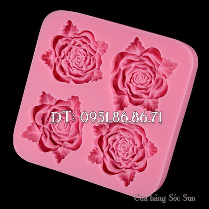 Khuôn silicon 4 hoa hồng kèm lá - Mã số 1036