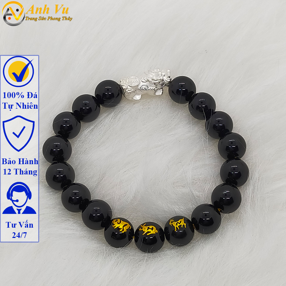 Vòng tay tỳ hưu tam hợp hợi mão mùi chất liệu mã não đen - size 8 10 12ly cho người mệnh mộc, mệnh thủy - có khai quang điểm nhãn may mắn tài lộc - bảo hành 12 tháng - PHONG THỦY ANH VŨ