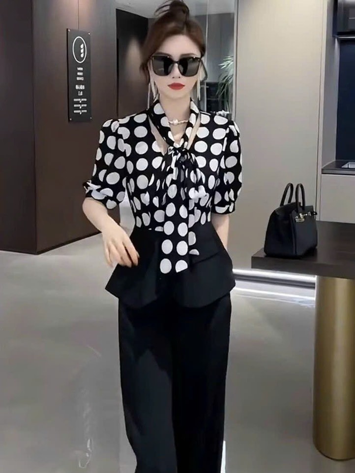 Set bộ nữ quần ống suông + áo kiểu phối bi cột nơ cổ