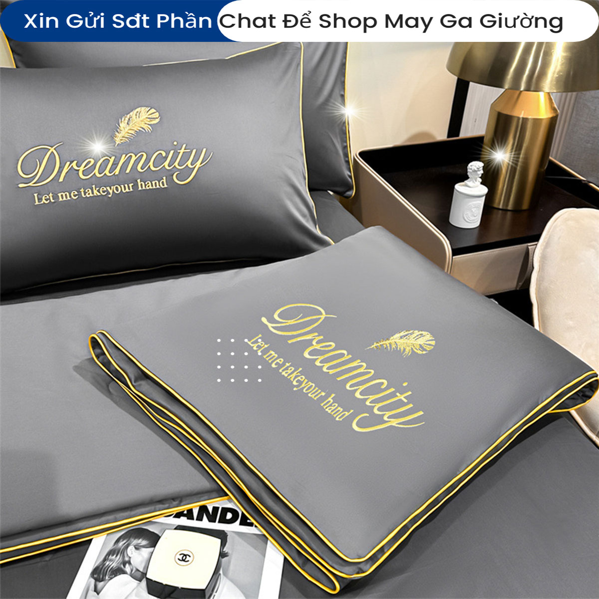 Bộ Chăn Ga Gối Đệm 5 Món Phi Lụa Tencel Dream City Cao Cấp Chuẩn Khách Sạn 5 Sao Bộ Drap Ra Ga Nệm Trải Giường ( Xin gửi shop chiều cao nệm )