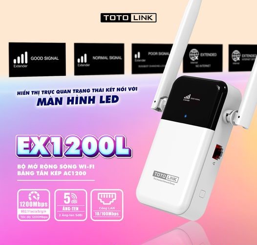 TOTOLINK EX1200L - Thiết Bị Mở Rộng Sóng Wi-Fi Băng Tần Kép AC1200 - Hàng Chính Hãng