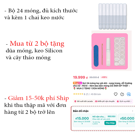 Bộ móng tay giả dài trơn - B529 - Ngọc Bướm Kim Cương Sang Trọng -  Kèm keo dán móng CÓ ẢNH SP THẬT