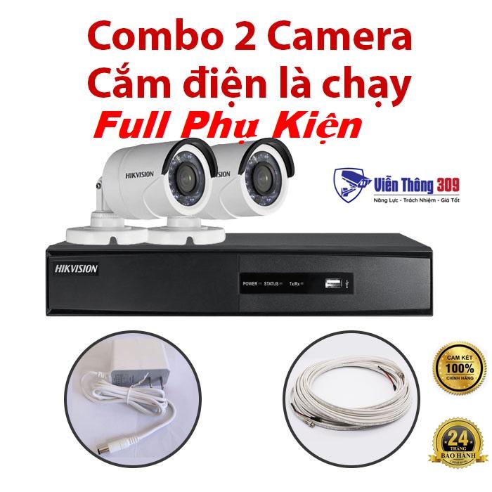 Trọn bộ 2 Camera 2MP DS-2CE16D0T-IR(C) + Đầu ghi hình Hikvision, có sẵn phụ kiện, cắm điện là chạy -Hàng chính hãng