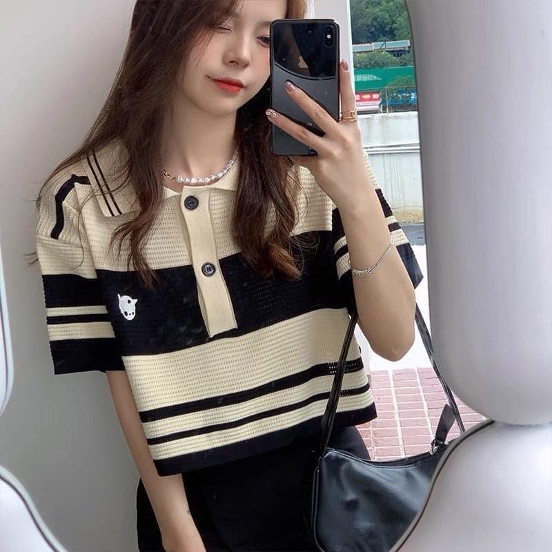 Áo len kẻ polo cộc tay - Áo croptop nữ len dệt kim dáng rộng tay ngắn kiểu cổ đức phong cách Hàn Quốc