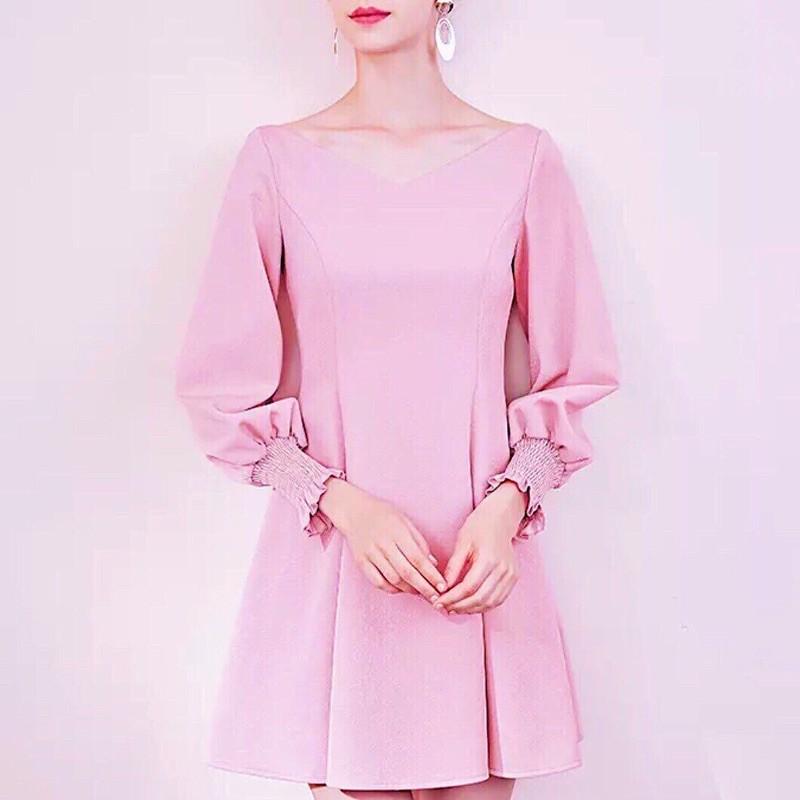 Đầm hồng cổ V tay dài v2