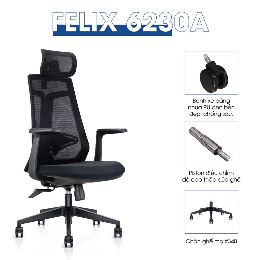 Ghế xoay văn phòng công thái học GOVI Felix F6230A - Tựa đầu điều chỉnh, tựa tay cố định, ngả lưng 135 độ, khóa 2 vị trí