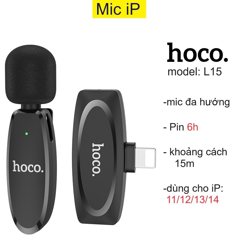 Micro thu âm không dây có kẹp cài áo chân type-Ccho điện thoại laptop chân iP cho 11/12/13/14Promax hoco L15  _ hàng chính hãng