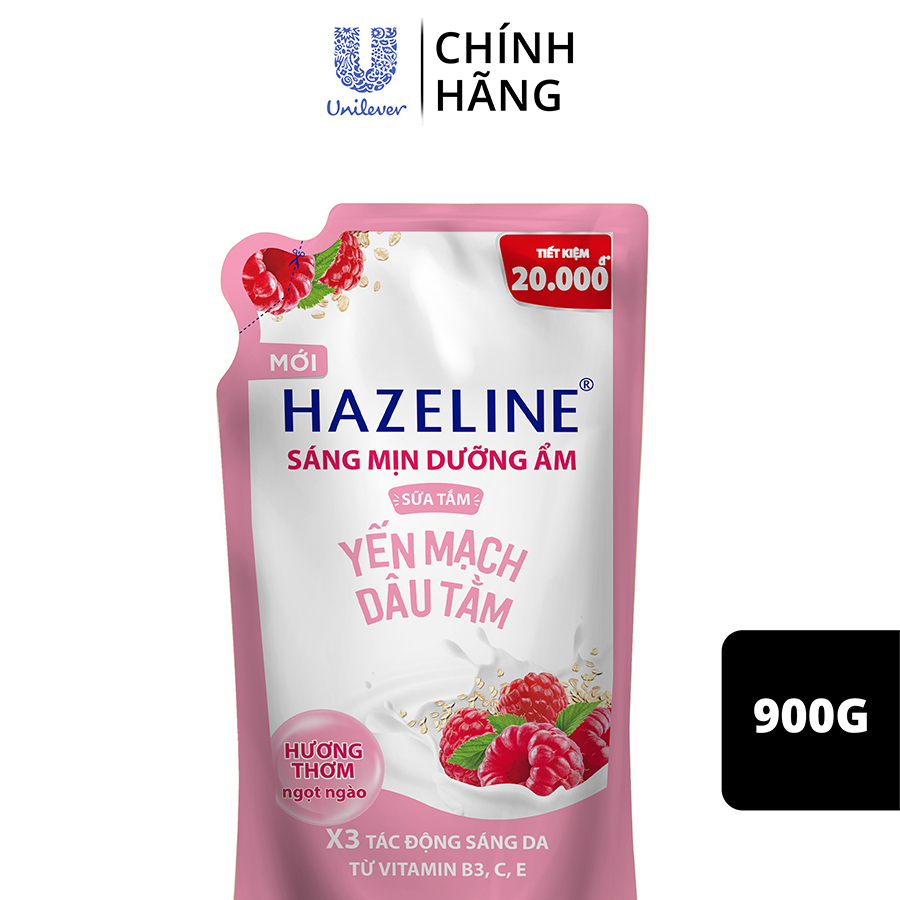Sữa tắm Hazeline Dưỡng Thể Trắng Sáng Mịn Da & Dưỡng Ẩm Từ Thiên Nhiên Yến Mạch Dâu Tằm Túi 900g