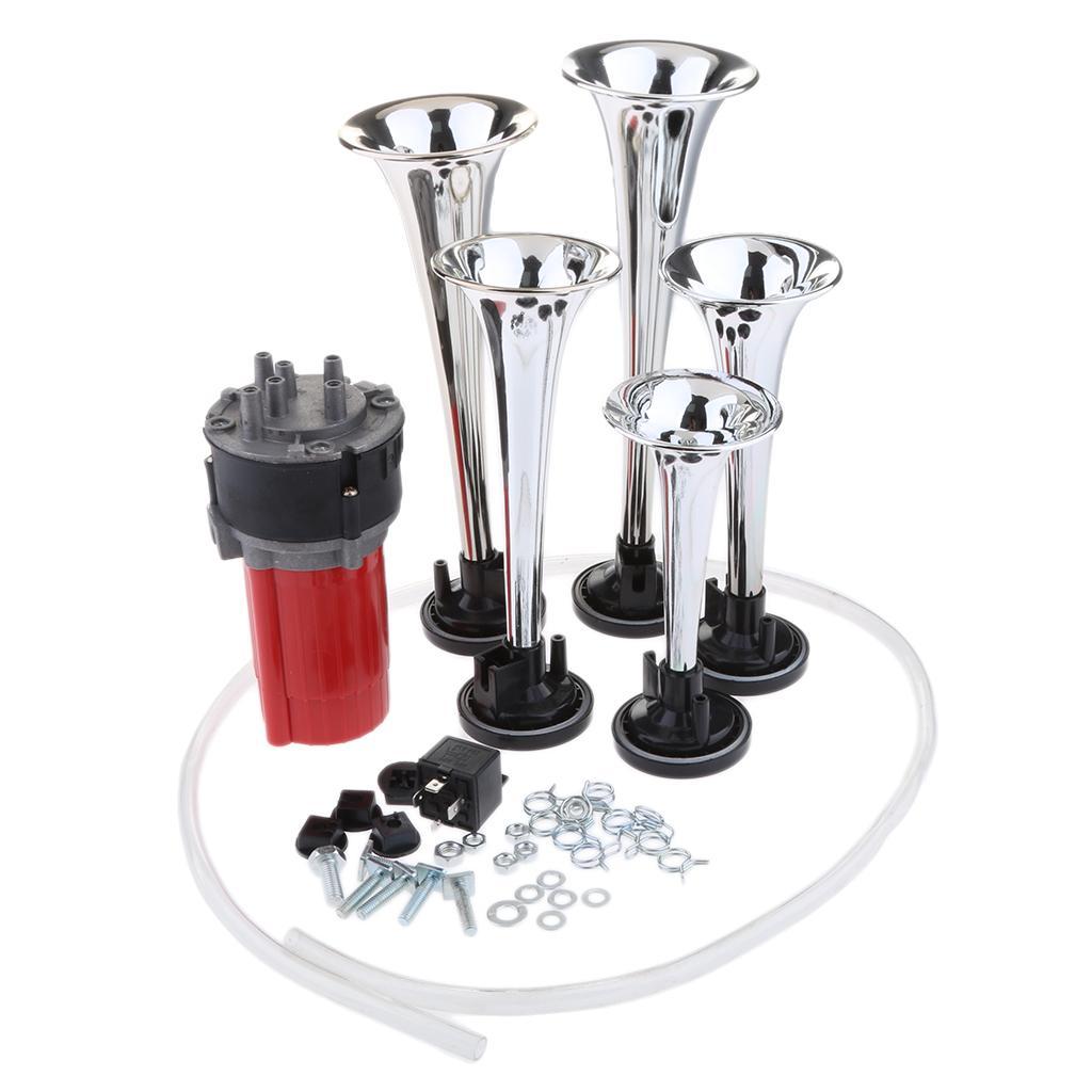 12V/24V 125db Air Horn, Zinc 5 Trumpet Air Horn with Motor for 12V 24V Cars Van