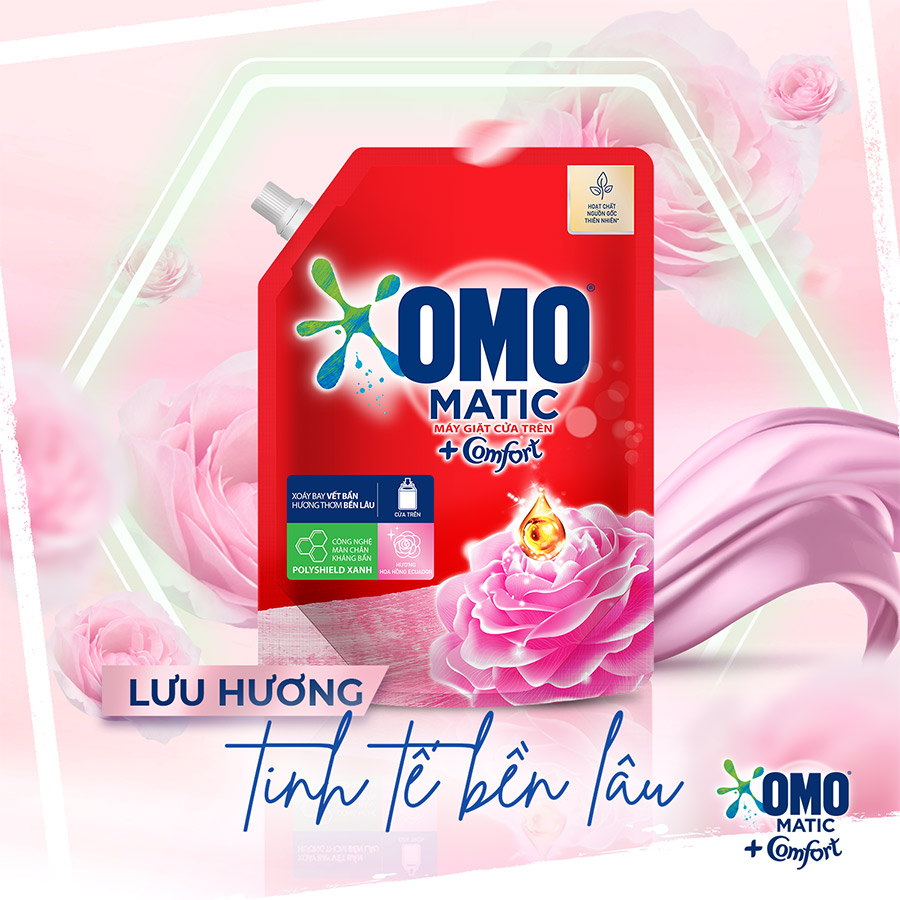 Combo 2 túi Nước giặt OMO Matic Comfort Hương Hoa Hồng Ecuador cho máy giặt cửa trên, túi 3.6kg