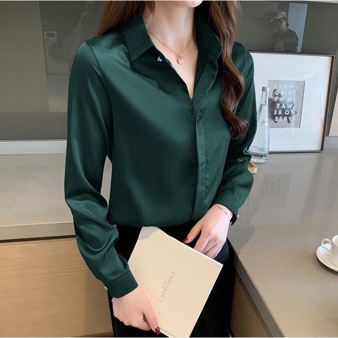 Áo Sơ Mi Nữ Công Sở Màu Xanh Lá Cổ Đức CHIPY Kiểu Hàn Quốc Vintage Ulzzang Form Rộng Dài Tay Đẹp Chất Lụa Cao Cấp A2X