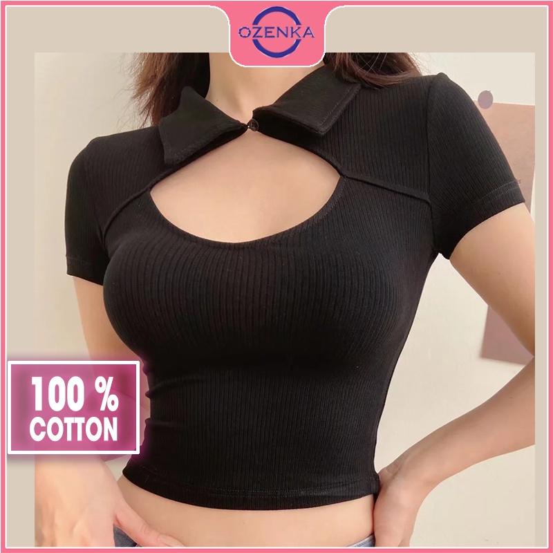 Áo croptop polo cổ bẻ tay ngắn ôm nữ, áo crt kiểu hàn quốc khoét ngực đính nút gợi cảm 100% cotton đen trắng