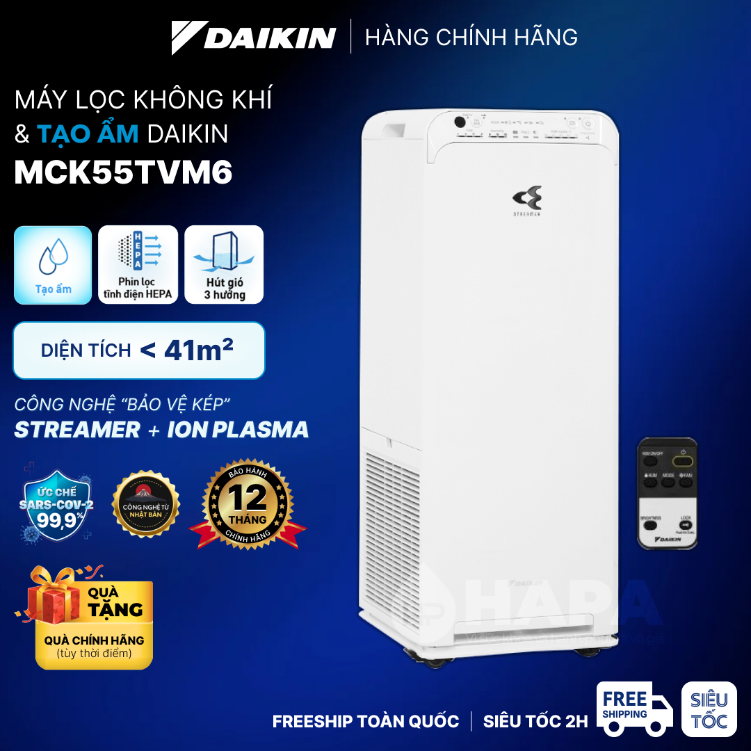 Máy Lọc Không Khí Tạo Ẩm DAIKIN MCK55TVM6 Công nghệ HEPA, Streamer &amp; ION PLASMA - Hàng Chính Hãng DAIKIN