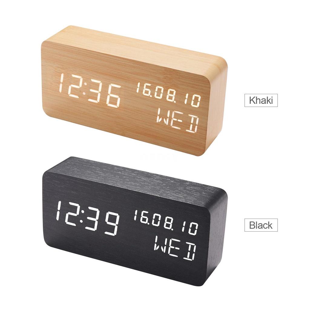 Đồng Hồ Báo Thức Để Bàn Bằng Gỗ Điều Khiển Bằng Giọng Nói Có Màn Hình Led 3 Mức Độ