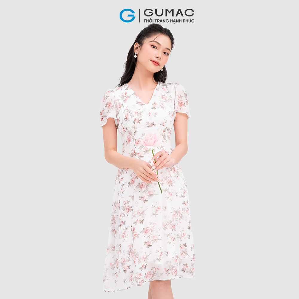 Đầm hoa GUMAC LD0925 nhún ngực cổ V nữ tính