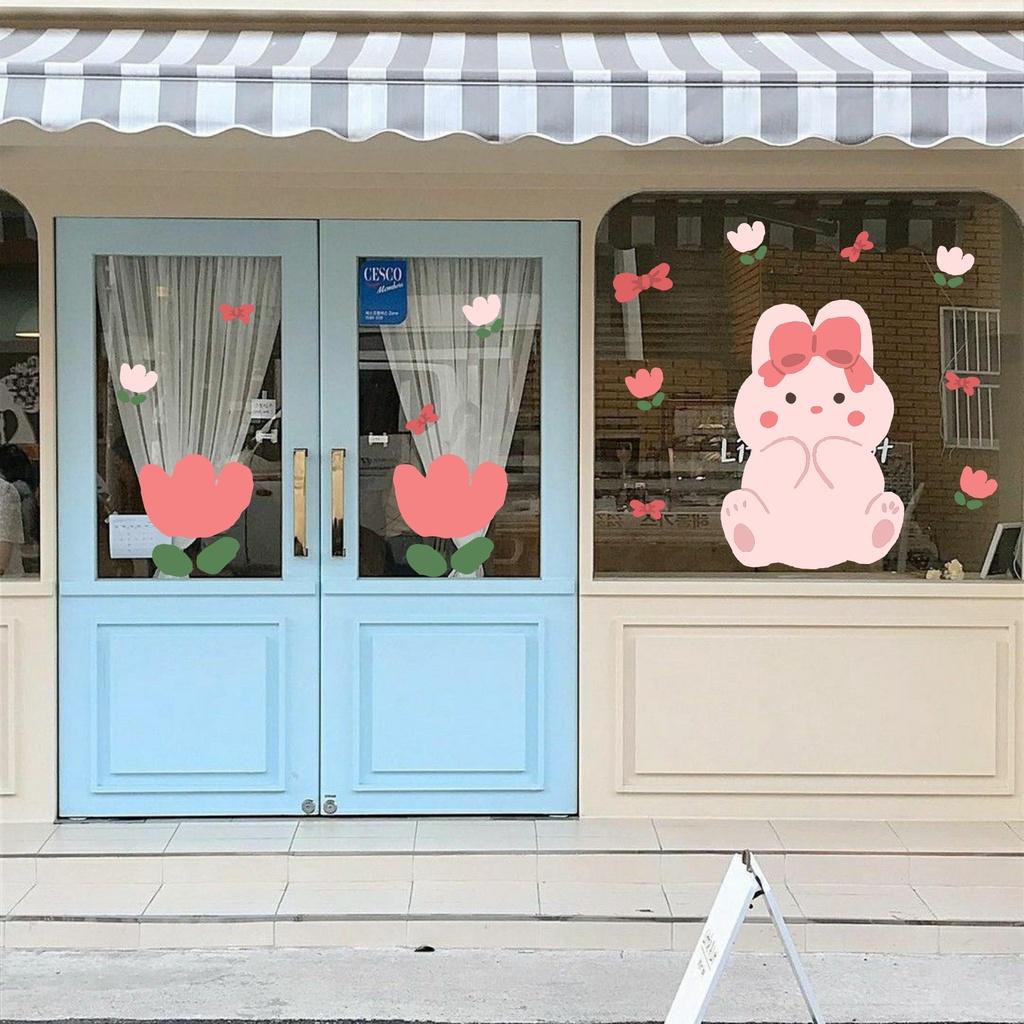 Hình dán hoa, thỏ trang trí gương cửa sổ nhà cửa, cửa hàng cute