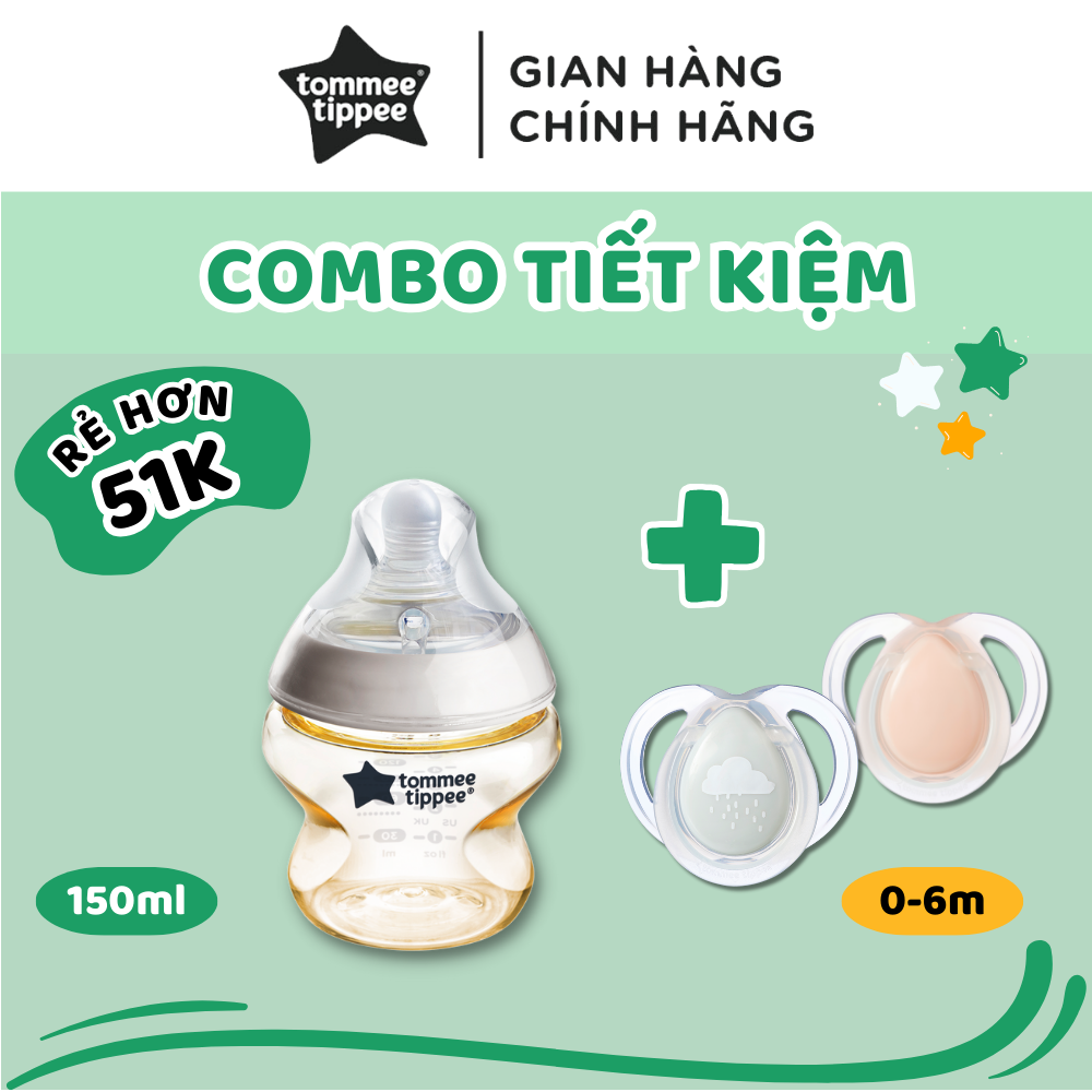 COMBO Ty Ngậm Dạ Quang Tommee Tippee Night Time 0-6m & Bình Sữa PPSU Ty Siêu Mềm Tommee Tippee Natural Start 150ml