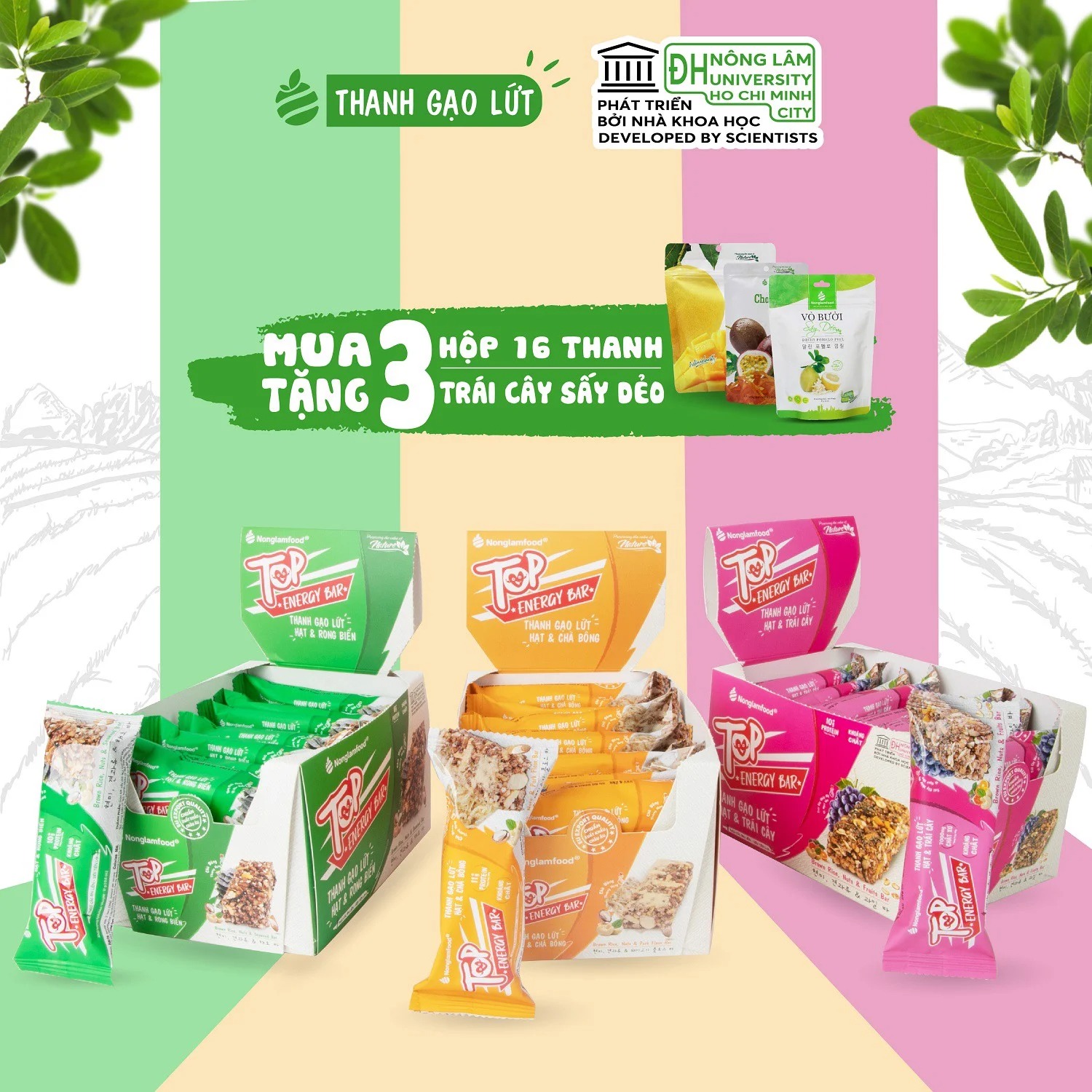 Thanh gạo lứt ngũ cốc Nonglamfood Hạt và Chà Bông - Rong Biển - Trái Cây Top Energy Bar Hộp16 Thanh | Bánh ăn kiêng dinh dưỡng thay thế bữa ăn sáng | Ngon chuẩn dưỡng chất | Chay mặn đều dùng được (Tùy loại)