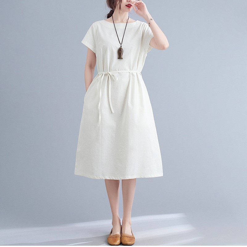 Đầm linen suông trắng dài,ngắn tay kèm dây thắt eo Haint Boutique Da84