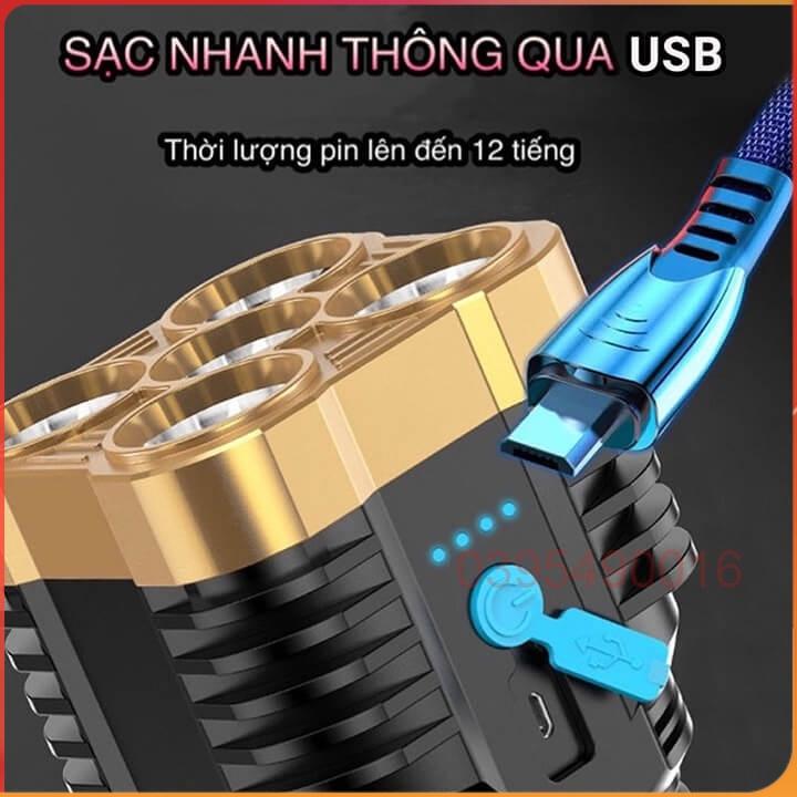 Đèn Pin 5 Bóng Siêu Sáng Pro Cầm Tay Chắc Chắn 4 Chế Độ Tiện Dụng Sạc Tích Điện, Chống Va Đập, Chiếu Xa 200m.