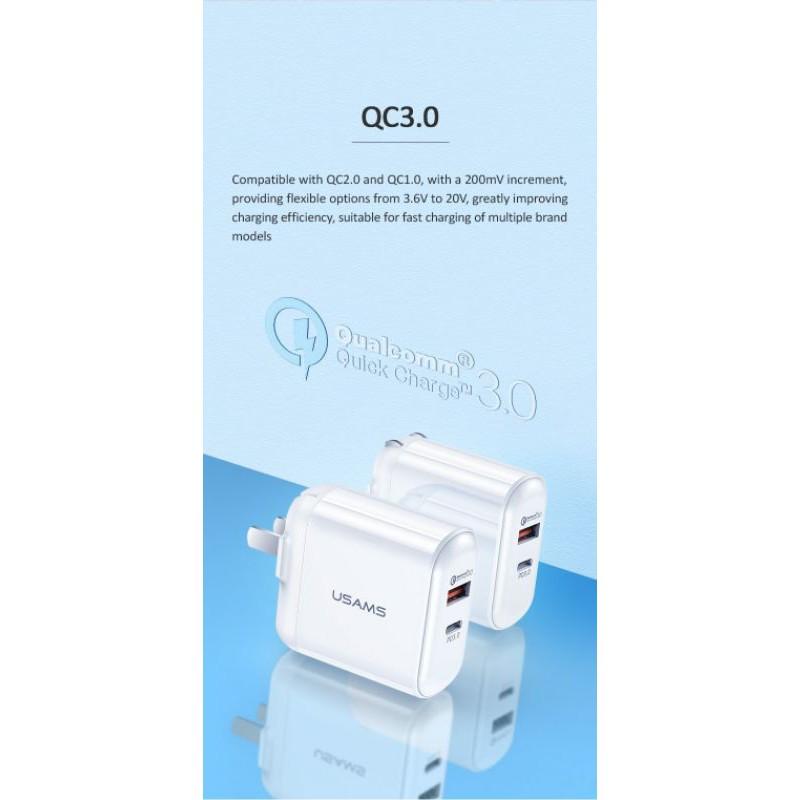 Củ Sạc Nhanh USAMS 2 Cổng QC3.0 + PD3.0 24W US-CC065 T12 - Hàng Chính Hãng