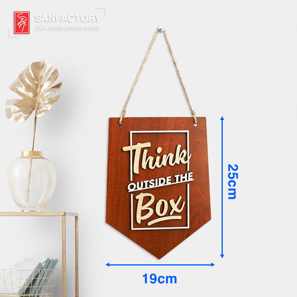 Bảng gỗ treo tường trang trí, Slogan Think Outside The Box, Decor Phong Cách Vintage cho Homestay, khách sạn, nhà hàng