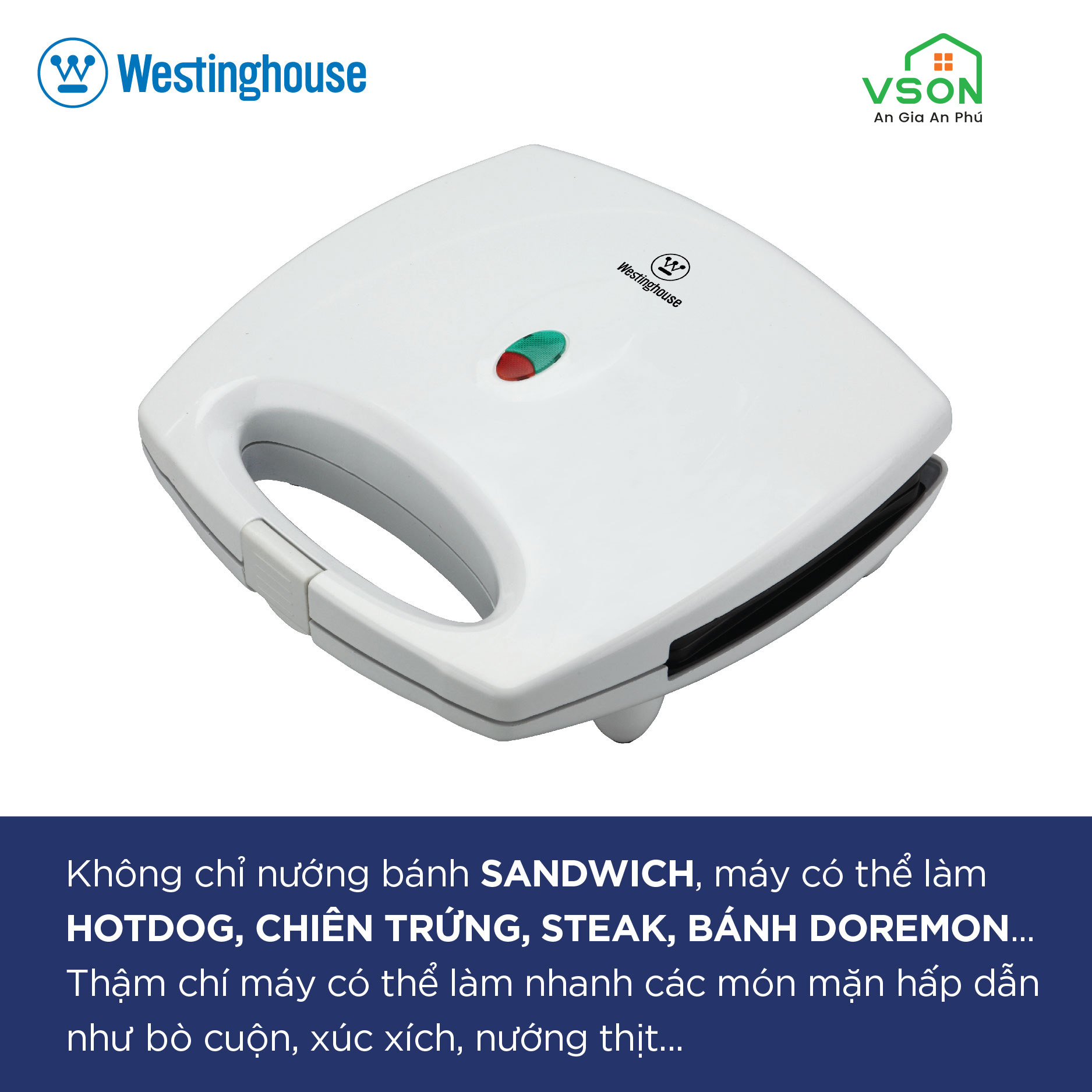 Máy kẹp nướng bánh mì Sandwich WestingHouse WKSM026 750W nướng nhanh chín đều, chống dính, có 2 ngăn nướng - Hàng chính hãng Mỹ