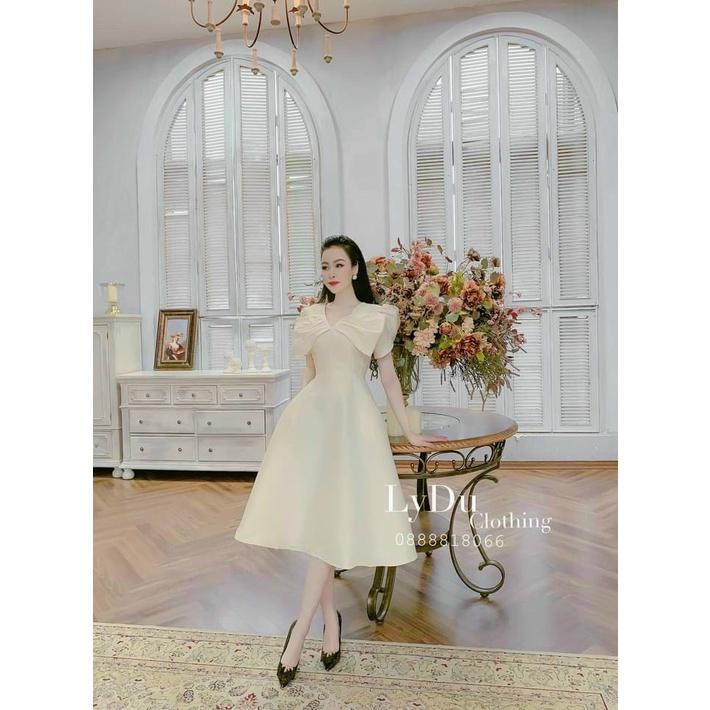 Váy đầm nữ dạ hội tiểu thư dáng xòe cổ bản to tay phồng