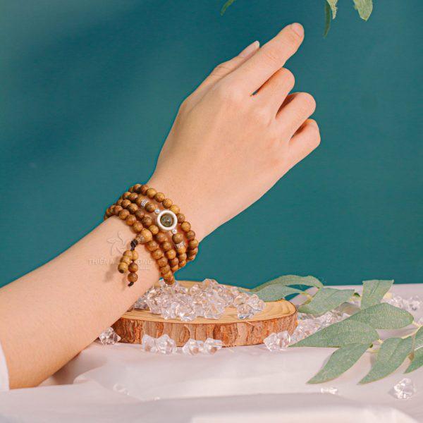 Vòng tay trầm hương 108 Ngân Tú Bảo Trầm hạt - Charm bạc S925 và đá phong thủy