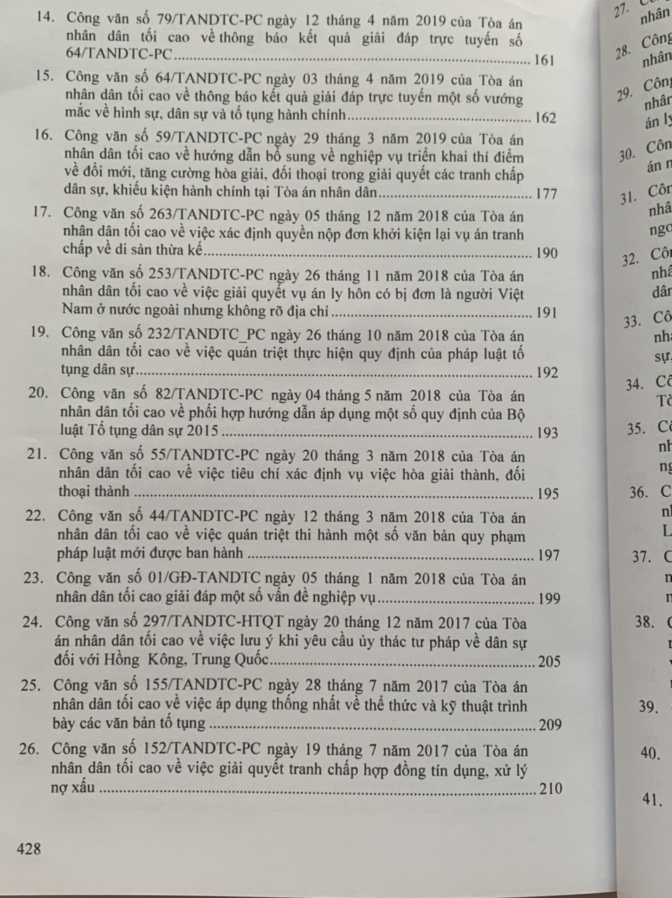 Tổng hợp công văn của Tòa án nhân dân tối cao, hướng dẫn nghiệp vụ, giải đáp vướng mắc trong lĩnh vực dân sự, tố tụng dân sự