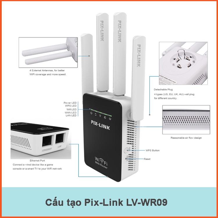 Kích Sóng Wifi Tốc Độ Cao 4 Râu 300M PIX-LINK LV-WR09 Thiết Bị Mở Rộng Sóng Bao Phủ Căn Nhà, Văn Phòng - Hàng Chính Hãng