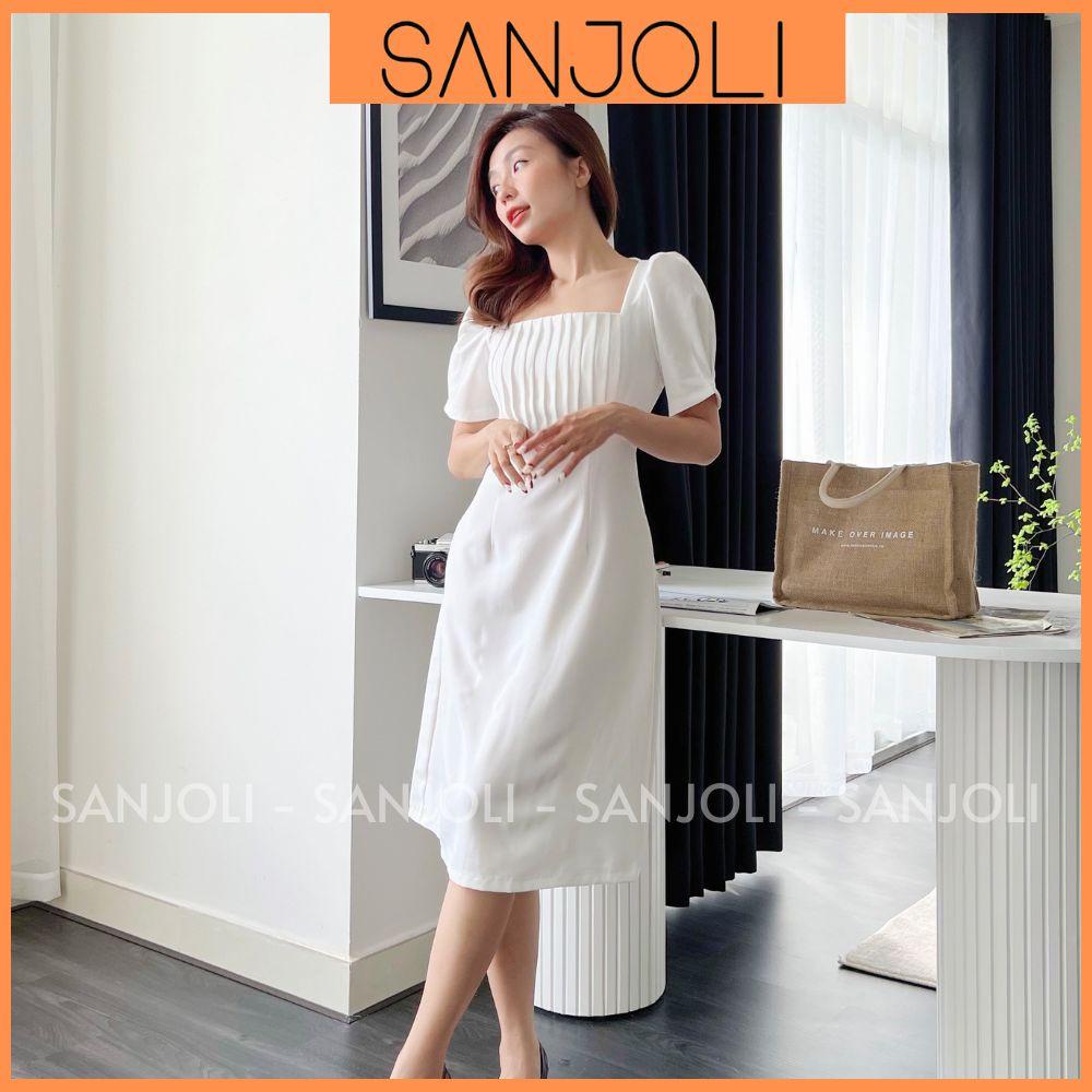 Váy Công Sở Nữ SANJOLI Đầm Dự Tiệc Thiết Kế Cổ Vuông Tay Phồng Họa Tiết Xếp Ly Phong Cách Hàn Quốc Sang Trọng VD017