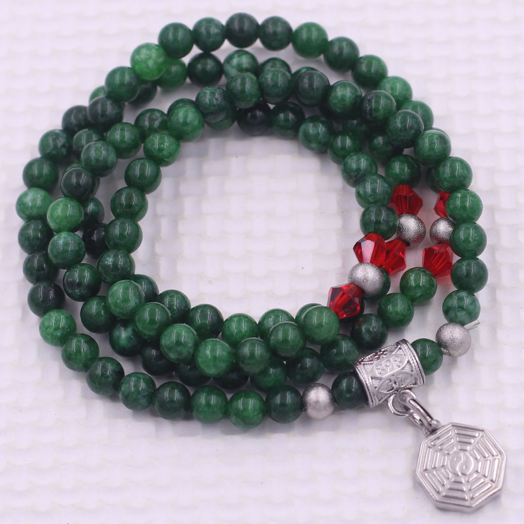 Vòng chuỗi 108 hạt đá cẩm thạch sơn thủy charm bát quái inox - hạt 6 ly, vòng chuỗi niệm Phật