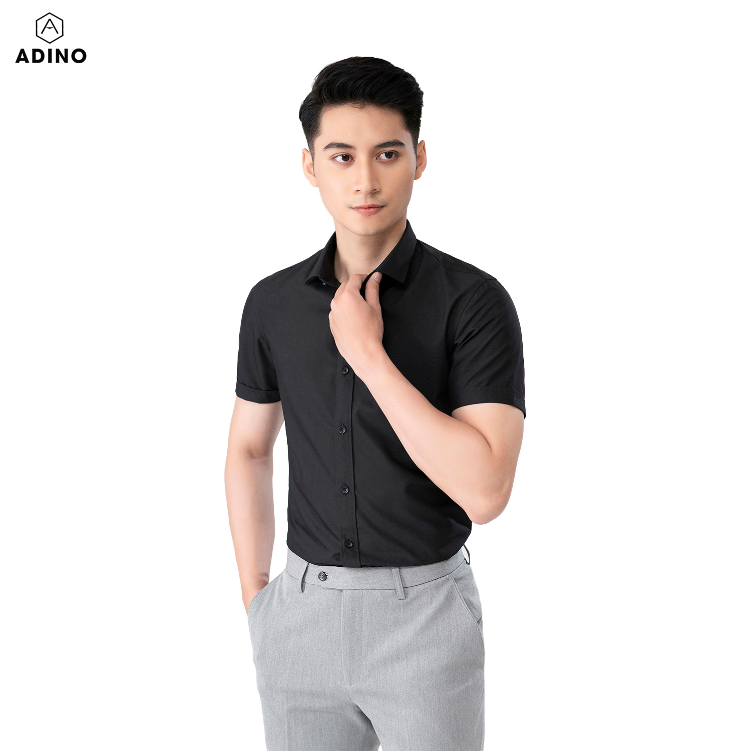 Áo sơ mi nam tay ngắn ADINO màu đen vải sợi sồi modal dáng slimfit trẻ trung CT103