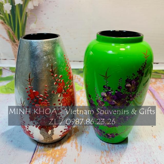 Bình Sơn Mài Lọ Hoa Quả Bầu Vẽ Hoa Đào Cẩn Trứng 17 cm - Vietnamese Lacquer Vase