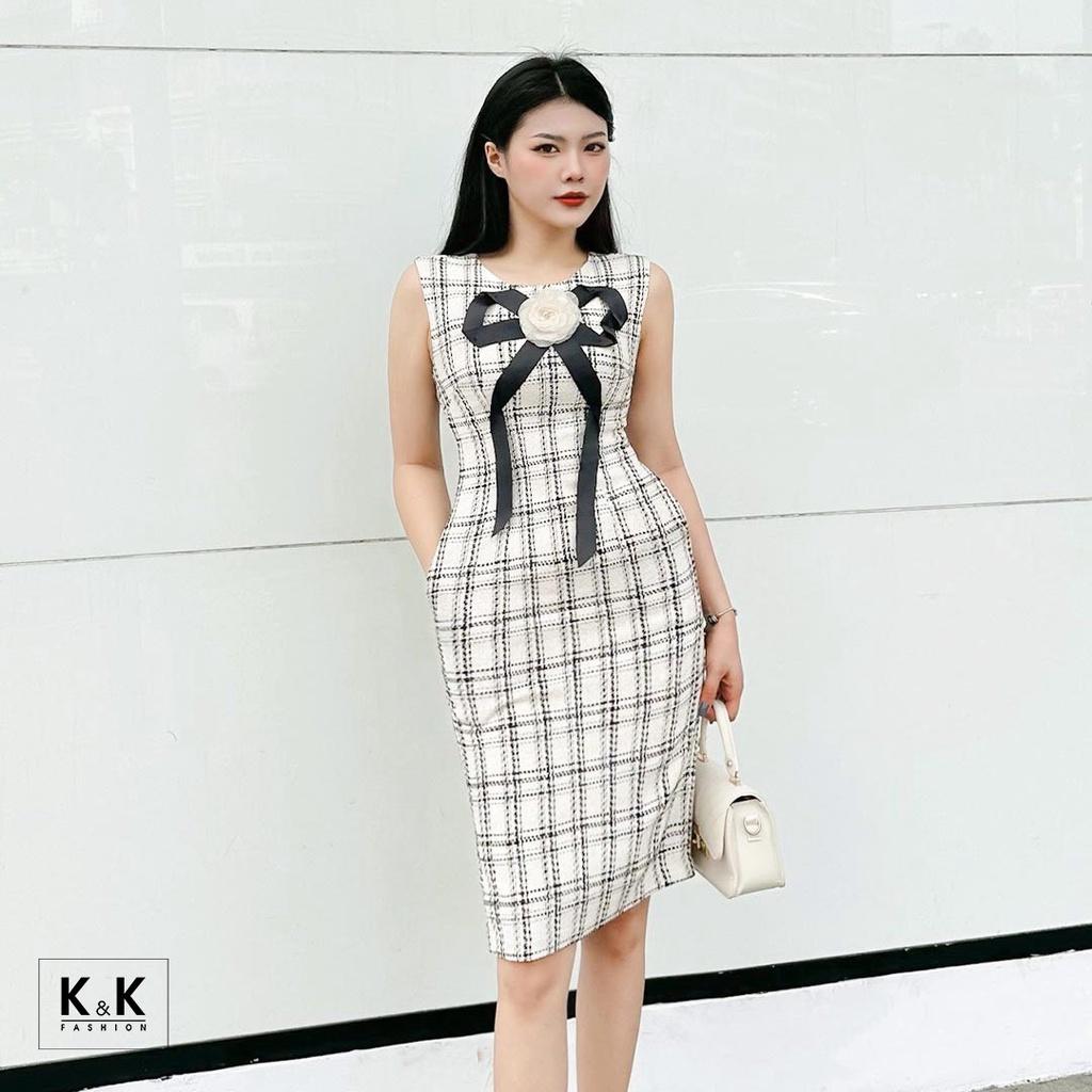 Đầm Dự Tiệc Caro Phối Hoa Nơ Ngực K&amp;K Fashion KK120-23 Chất Liệu Tweed Mỏng