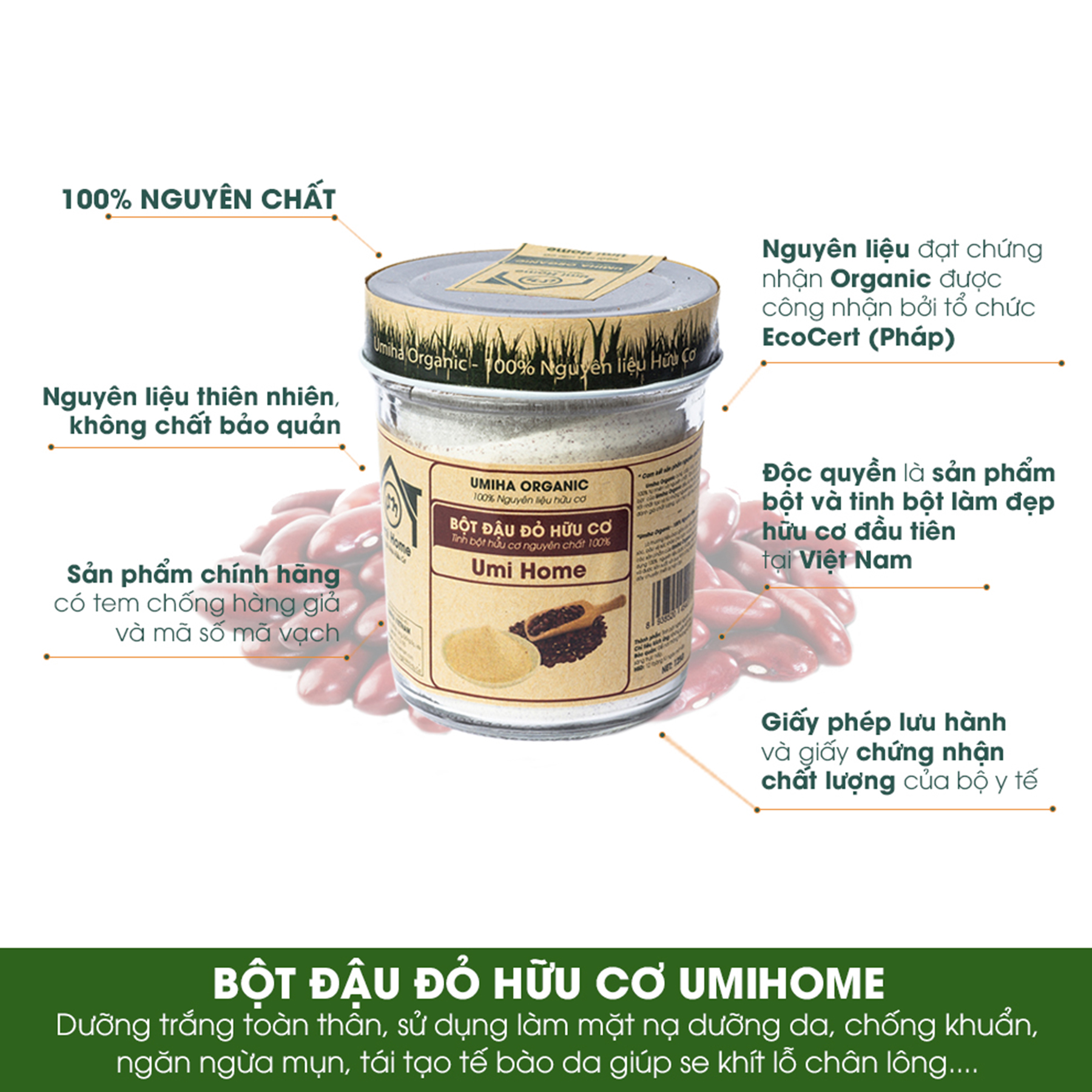 Bột Đậu Đỏ Nguyên Chất UMIHOME (135g) - Dùng cho đắp mặt, tắm trắng dưỡng da hỗ trợ điều trị mụn hiệu quả