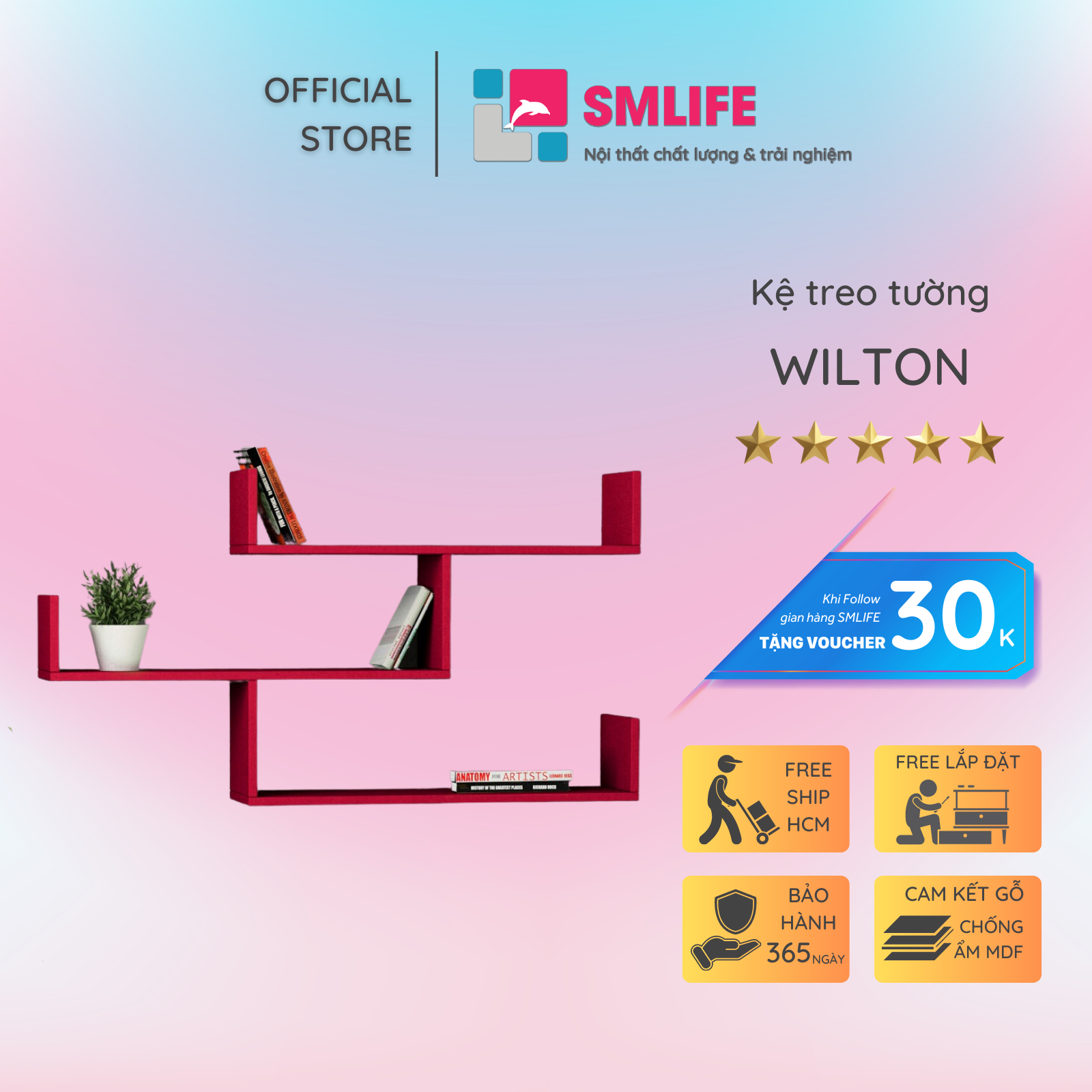 Kệ gỗ treo tường trang trí hiện đại SMLIFE Wilton  | Gỗ MDF dày 17mm chống ẩm | D120xR20xC60cm - Màu