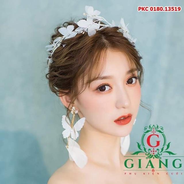 Cài tóc cô dâu kèm bông tai lụa trắng - phụ kiện cưới