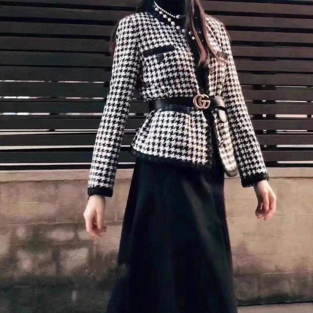 Áo dạ Tweed kẻ caro dáng ngắn tiểu thư áo cardigan dạ dày dặn( không kèm đai). MET SHOP