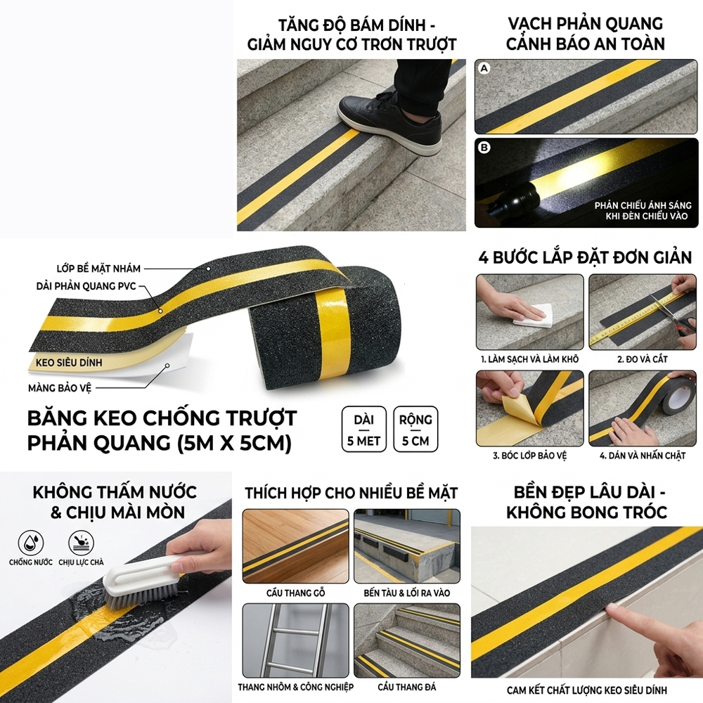 Băng keo chống trượt vân nhám đá phản quang 5m x 5cm cao cấp PQ-505V, dán cầu thang, chống trơn trượt hiệu quả dành cho văn phòng, nhà xưởng, chân bậc cầu thang - Mai Lee