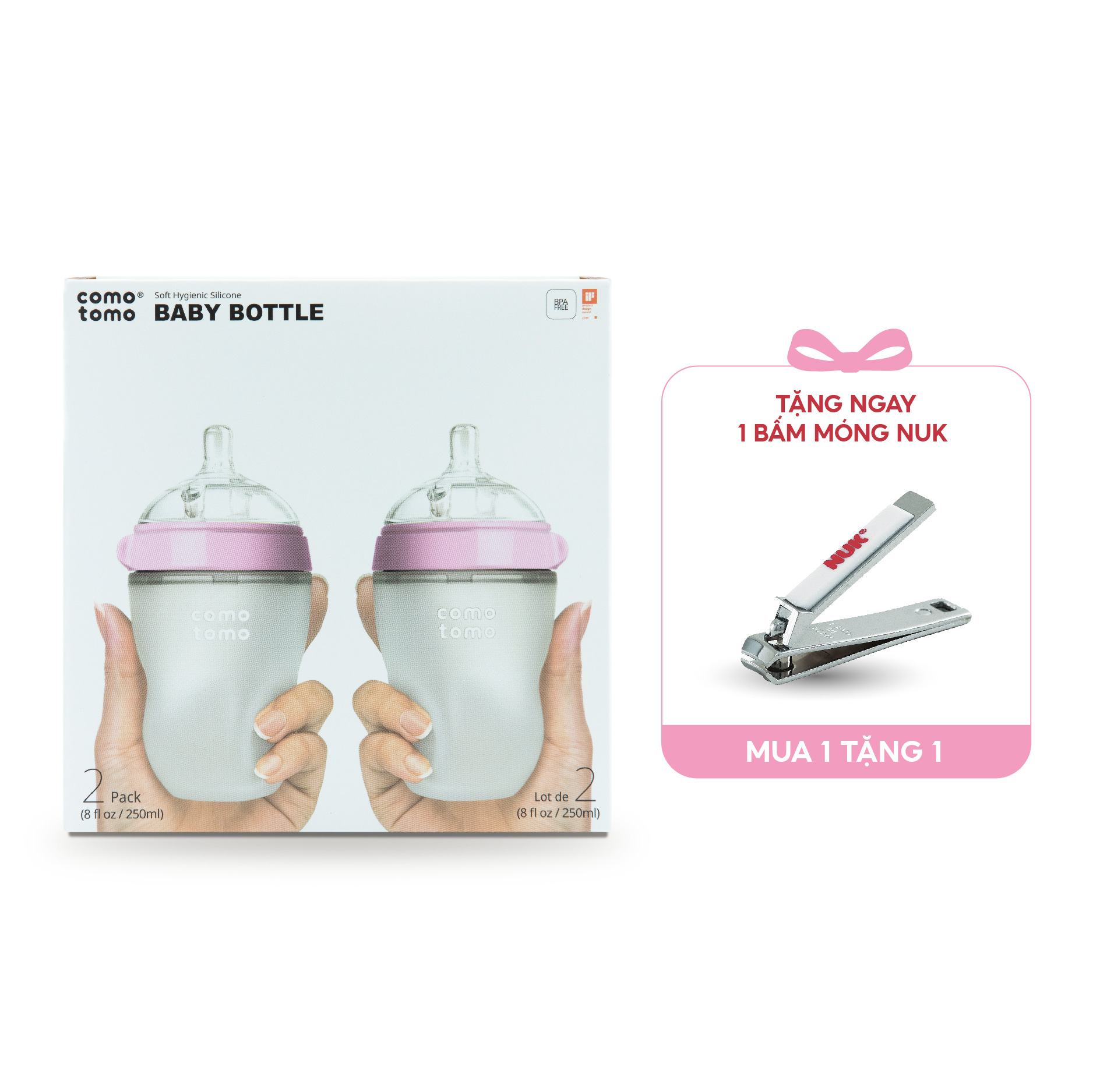 Bộ hai bình sữa silicone Comotomo 250ml - Hồng Tặng Bấm móng sơ sinh NUK