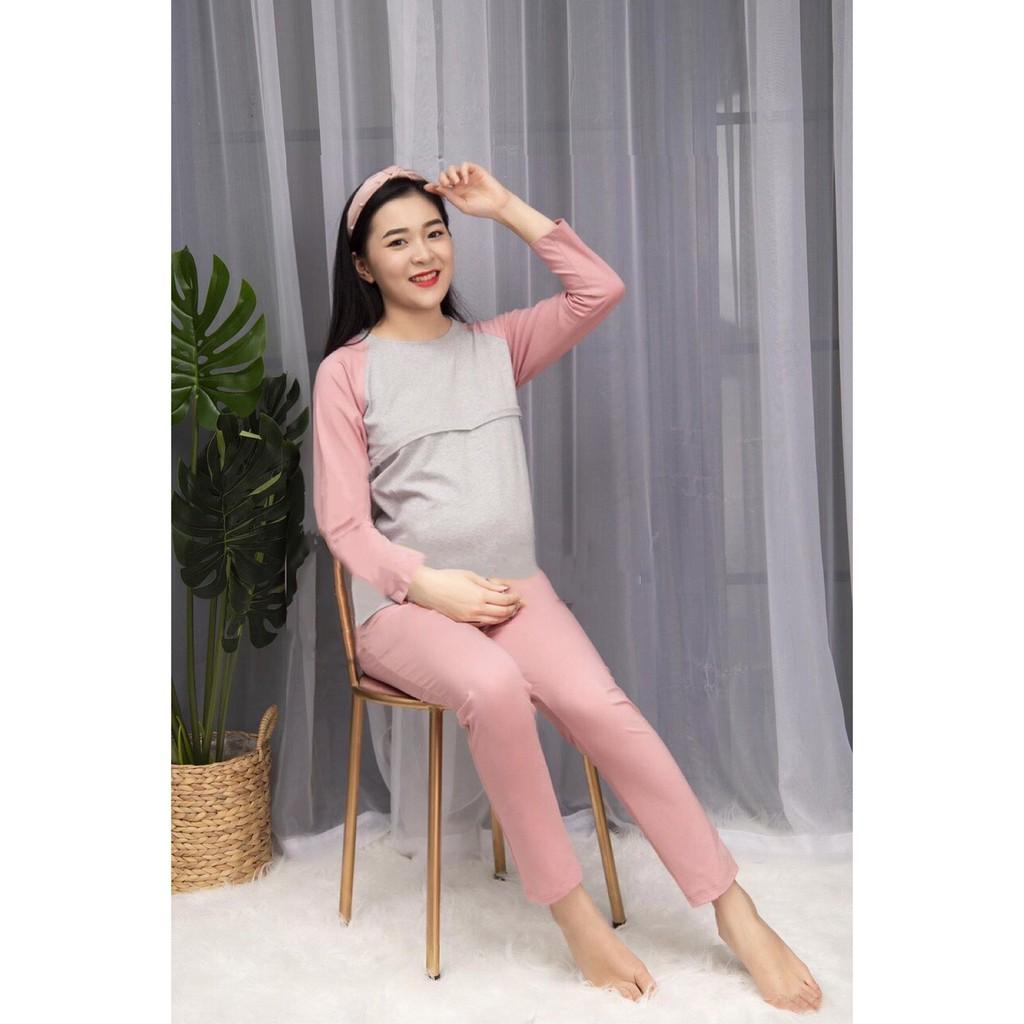 Bộ bầu và sau sinh Dài Tay Thu Đông, hàng cotton sài gòn có khóa kéo ngang cho con bú sau sinh size từ 45 đến 80kg